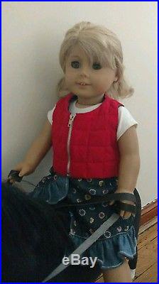 AMERICAN GIRL DOLL Lot & Horse Blonde Hair Outfit Red Vest Jean Skirt Shoes Pony