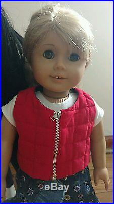 AMERICAN GIRL DOLL Lot & Horse Blonde Hair Outfit Red Vest Jean Skirt Shoes Pony