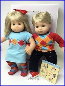 American Girl Bitty Twins Blonde Hair Blue Eyes in Box with Meet Outfits-EUC