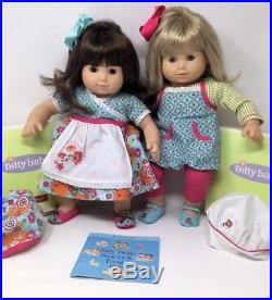American Girl Brunette Blonde Bitty Twins with 2 Brand New Bitty Baby Outfits
