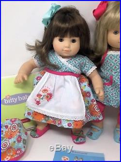 American Girl Brunette Blonde Bitty Twins with 2 Brand New Bitty Baby Outfits