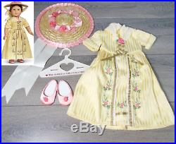 American Girl Doll Clothes FELICITY TEA LESSON GOWN Outfit Long Dress Hat Shoes
