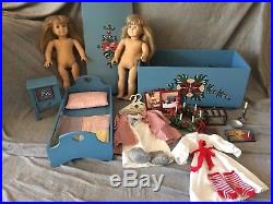 American Girl Doll Pleasant Co. Kirsten Trunk, Bed & outfits, 2 beige body dolls