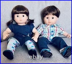 American Girl Dolls Bitty Baby Twins Boy Girl in Rainbow Plaid/Garden Play Brown
