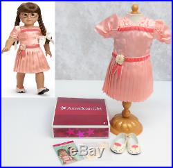 American Girl MOLLY'S RECITAL OUTFIT Peach Satin Dress Shoes Hair Bows Cards BOX