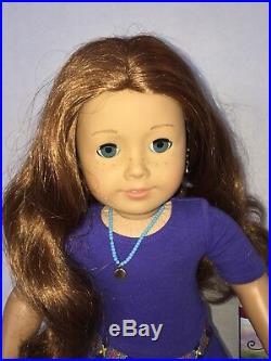 American girl Saige Doll 2013 auburn brown hair blue eyes book extra outfits
