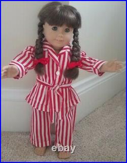 Molly Pleasant Company American Girl Doll Wearing Her Red White Striped PJs Ex