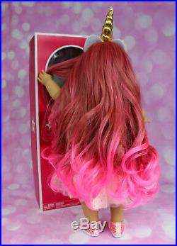 NWB Custom American Girl Doll Unicorn Pink Hair Glitter Lips w Outfit